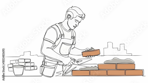Bricklayer constructing a wall with bricks and mortar.