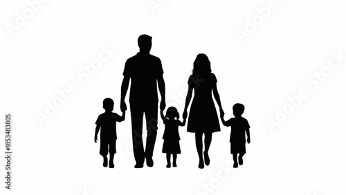 Family of Five Silhouette Walking Together.