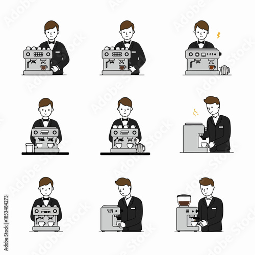 Set of vector illustrations depicting a smiling male barista operating professional espresso and coffee machines in different actions.