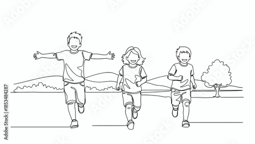 Three happy children running outdoors in a playful line art illustration, depicting joy and activity in a natural park setting