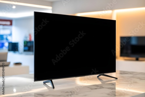Closeup of black screen LCD tv on marble countertop in modern tv shop, LCD tv display 