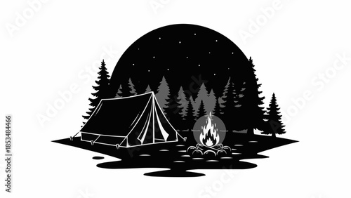 Camping scene with tent and campfire under starry night sky.