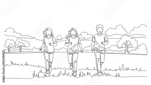 Continuous One Line Drawing of Three Friends Running Together Outdoors, Minimalist Black and White Vector Illustration of Children Jogging in Natur...