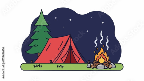 Camping scene with tent campfire and pine tree at night.