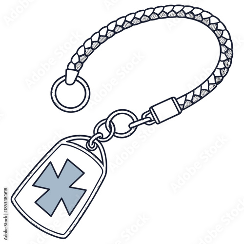 A silver and blue medical ID tag with braided chain and loop
