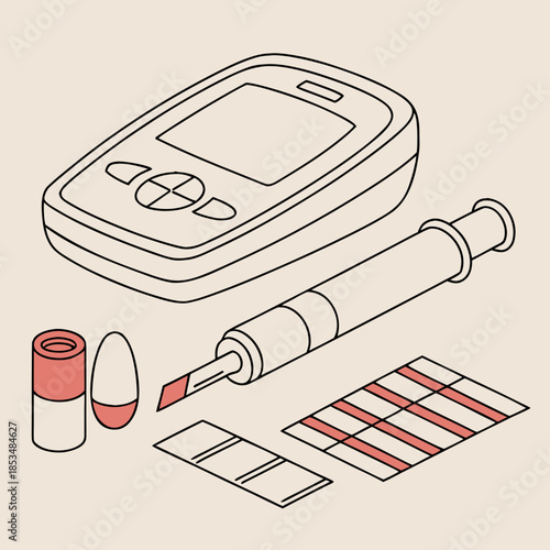 A diagram of a glucose meter and diabetes testing supplies
