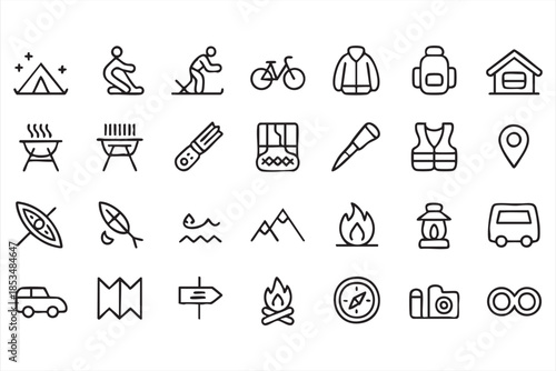 Hiking and Survival Line Icons for Outdoor Travel Applications