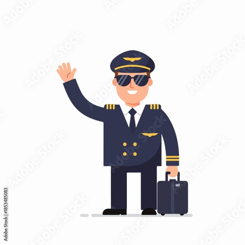 Happy professional airline pilot in uniform, sunglasses, and cap, holding a suitcase and waving hello, ready for international flight duty.