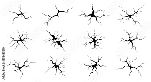 Set of black crack illustrations, showing various patterns of fractures on surfaces like ground, glass, or walls for damage effects.