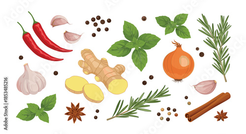 Colorful collection of fresh culinary herbs and spices, including chili, garlic, ginger, basil, rosemary, and cinnamon sticks.