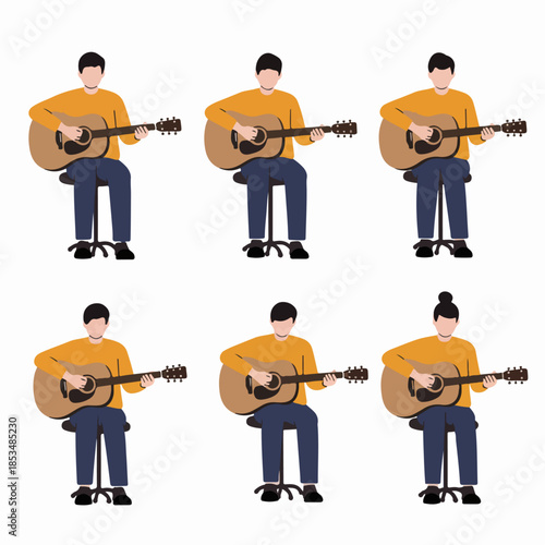 Vector set of 6 people sitting and playing acoustic guitar, illustrating musician performance, practice, or music lesson concepts in flat design style.