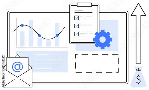 Graph with data points, checklist on clipboard, email in envelope, gear, and profit icon representing communication, data tracking, financial planning. Ideal for business growth, strategy reporting