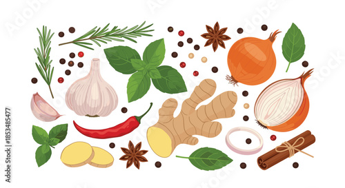 Aromatic collection of fresh herbs and spices including ginger, garlic, onion, and chili, beautifully illustrated on a white background.