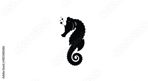 Elegant black silhouette of a seahorse with a curled tail and small bubbles rising, isolated on a simple white background.