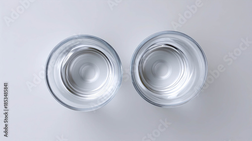Aerial View of Two Transparent Glass Cups Filled with Clear Water Casting Circular Reflections on a Light Background