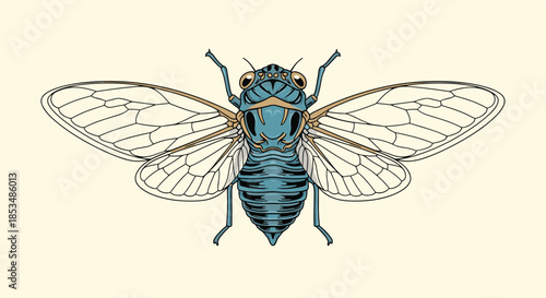 Stylized top-down illustration of a vibrant blue cicada with detailed transparent wings spread against a light cream background.