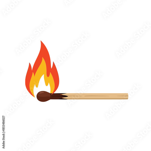 A lit matchstick with a vibrant flame on a plain white background