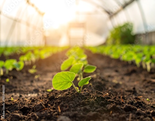 Close-up of young plants growing in soil, bright sun lighting the scene