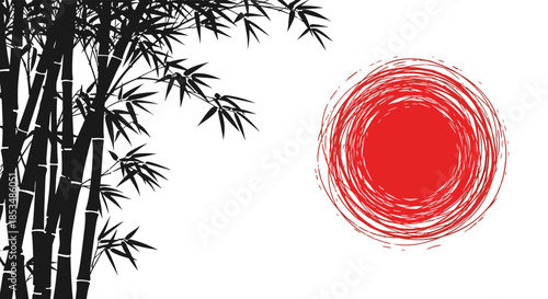 Traditional Japanese sumi-e ink painting style with black bamboo silhouettes and a red rising sun on a clean white background.