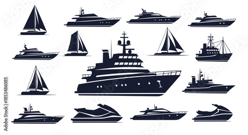 Collection of various ship, boat, and yacht silhouettes, including sailboats, cruise ships, and speedboats for nautical design.