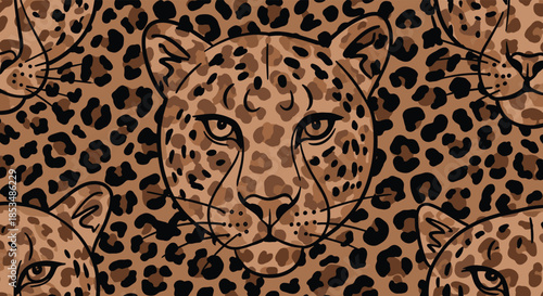 Seamless repeating pattern featuring stylized leopard heads and classic animal print spots in shades of brown for a wild texture.