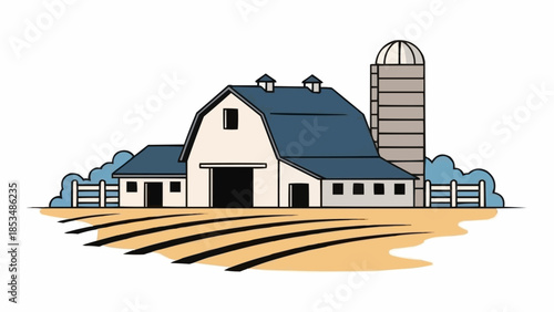 Cartoon farm building with silo and fields illustration.