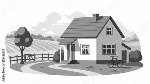 Charming country house with bicycle and rural landscape.