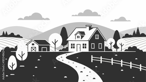 Charming Farmhouse and Barn in a Picturesque Rural Landscape.