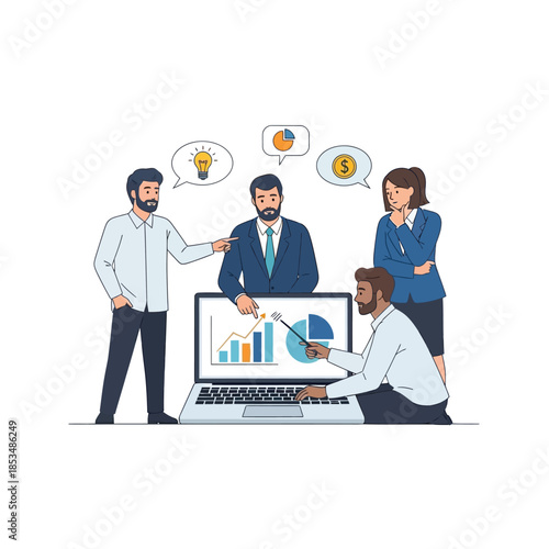 A group of professionals collaborating around a laptop displaying various charts and graphs in a modern office setting from a slightly elevated viewpoint.