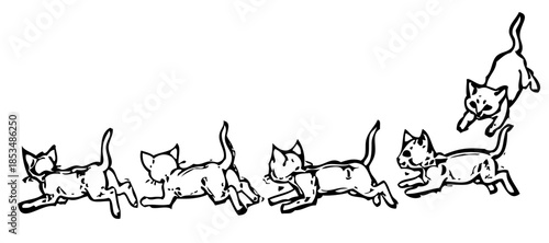 Dynamic illustration of cats in various stages of jumping and running, showcasing agility and playfulness in a minimalist design