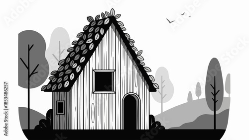 Charming rustic cabin nestled amongst trees in a whimsical landscape.