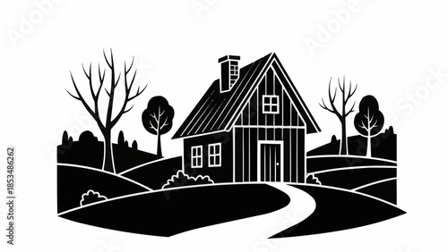 Charming rustic cabin nestled among rolling hills and trees.