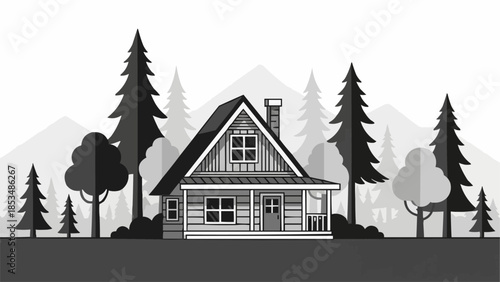 Charming wooden cabin nestled among tall evergreen trees and rolling hills.