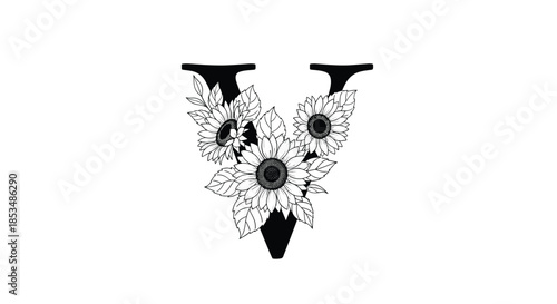Elegant black and white monogram of the letter V, beautifully adorned with detailed, hand-drawn sunflower and leaf illustrations.