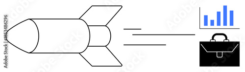 Business growth, startup success, data analytics, innovation, strategy, high performance. A rocket, bar chart and briefcase speed and professional progress. Business growth and innovation