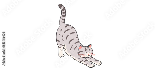 A cartoon cat is stretching on a plain white background in an illustration.