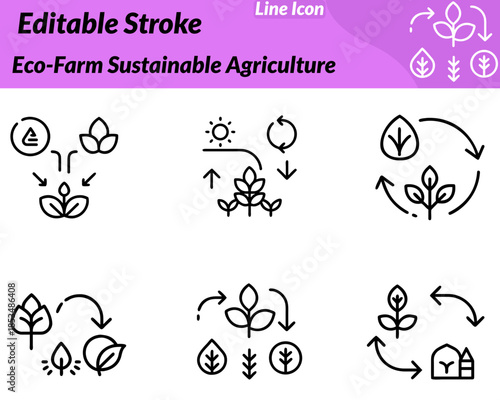 A clean eco-farm sustainable agriculture icon. Featuring farm fields with young plants and leaf elements. Designed with minimal smooth lines to symbolize organic farming sustainability eco-friendly.