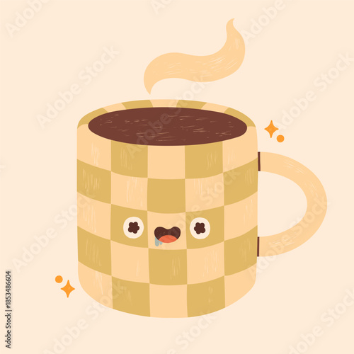 Cute teal checkered mug with funny eyes and mouth, tea or coffee, steam cloud above, soft hand drawn doodle vector with muted, cozy colors for kids design, sticker, poster, card, banner, invitation
