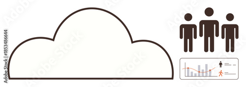 Cloud outline with three human figures and a data chart showing analytics and performance trends. Ideal for technology, teamwork, data-driven strategies, cloud storage, analytics, collaboration