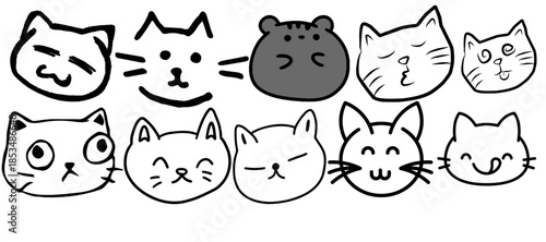 Collection of various cat faces with different expressions illustrated in black and white