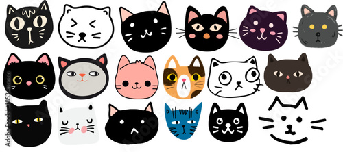 Collection of various cartoon cat faces with different expressions and colors