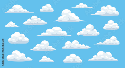 A collection of cute, fluffy white cartoon clouds in various shapes and sizes floating against a clear blue sky background.