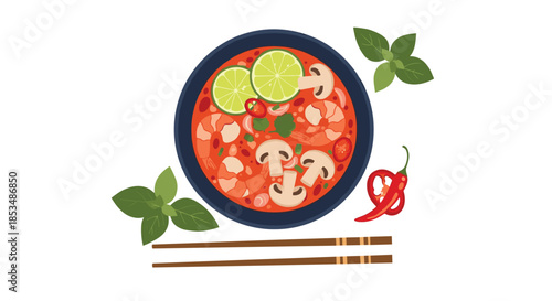 Top-down view of a delicious bowl of spicy Tom Yum soup with shrimp, mushrooms, and lime, a traditional Thai food dish.