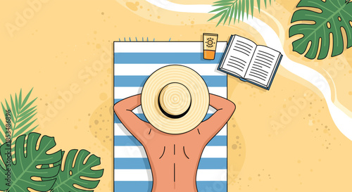 Top-down illustration of a person wearing a straw hat relaxing on a beach towel, with a book and sunscreen on the sand.