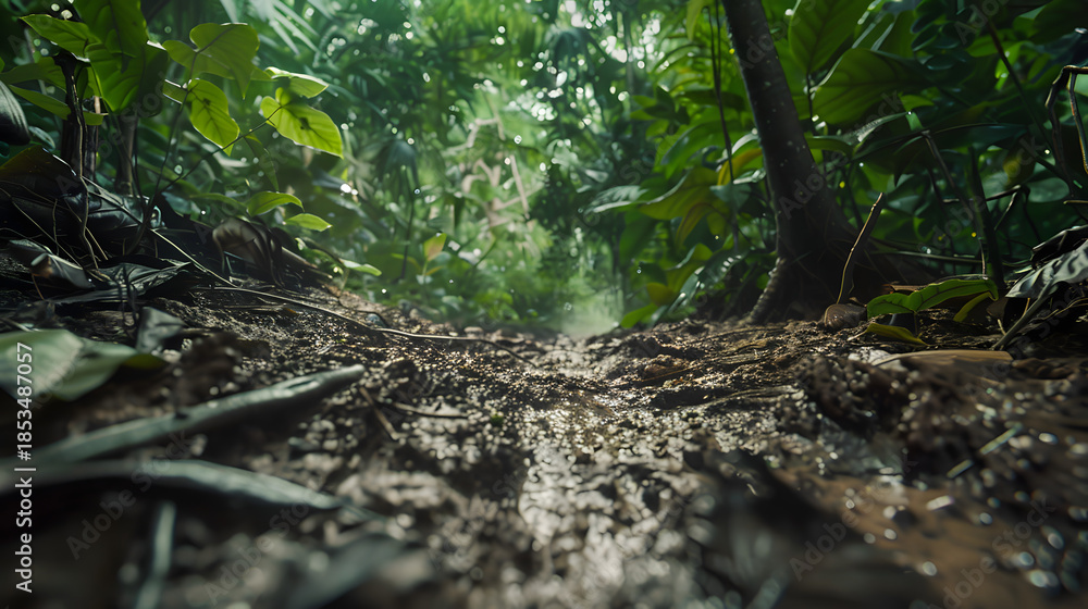 Obraz premium cinematic footage very low angle view of forest land dirt path