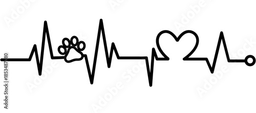 Black and white heartbeat line with a paw print and a heart symbol, representing love for pets and animals.