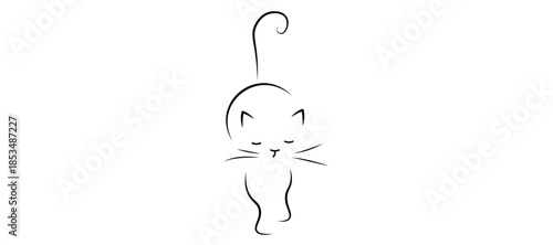 Minimalist line art drawing of a cute cat with closed eyes and a curled tail, walking or stretching on a white background.