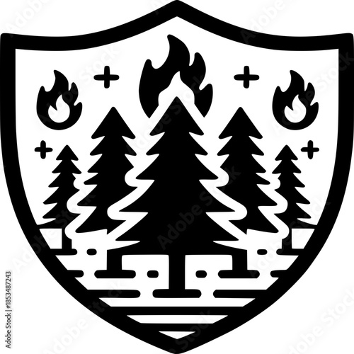 Forest Fire Emblem: A stark, powerful emblem, depicting the danger of a forest fire with stylized trees, flames, and a protective shield, symbolizing the importance of safety.