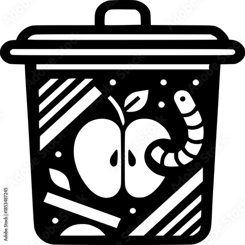 Decomposition Illustration: A graphic depiction shows a close-up of a trash bin brimming with decomposing organic waste, including an apple core and a worm.