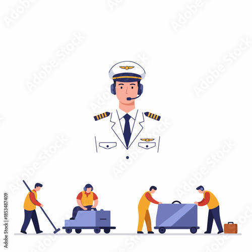 Aviation industry jobs illustration featuring a commercial airplane pilot and essential airport ground crew handling maintenance, logistics, and baggage services.